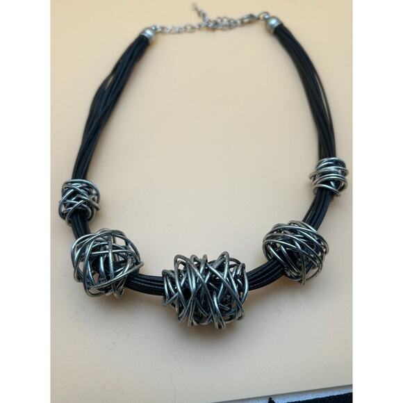 Modern Black Multi-Strand Necklace with Silver Wire-Wrapped Spheres, 17"" Chain - Picture 3 of 3